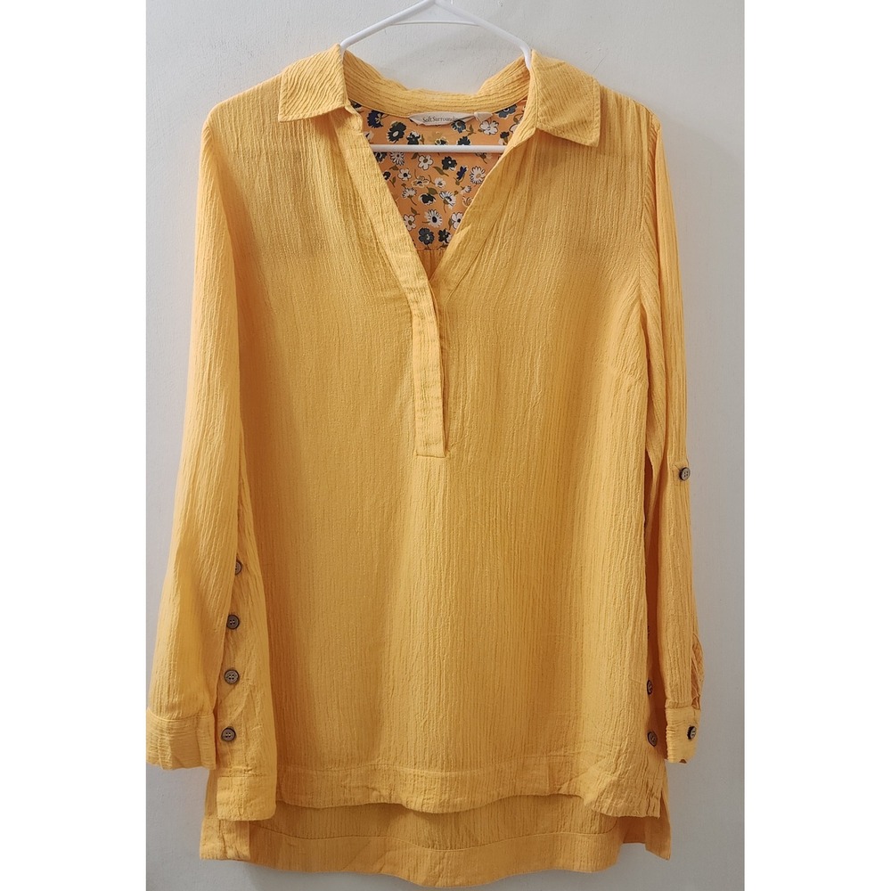 Soft Surroundings Mustard Yellow Gauze Tunic Roll Tab Floral Trim Top Small